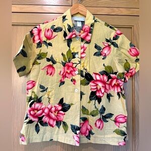 Vintage Blair Linen Blend Button Front Floral Top / boxy / large